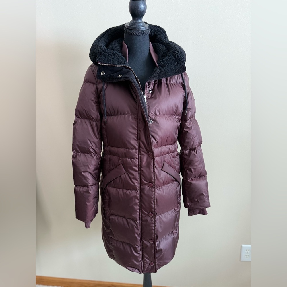 Coach Down Puffer Coat Small Plum Long Hooded Faux Fur Winter Jacket